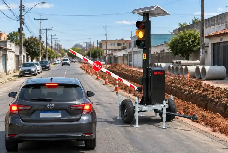 Semáforo móvel com cancela em rua urbana com obra de tubulação