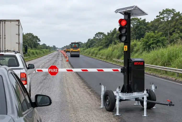 Carro parado diante da cancela fechada do semáforo móvel em rodovia