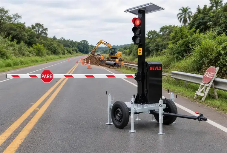 Semáforo móvel com cancela da Revlo fechando uma faixa de rodovia em obra