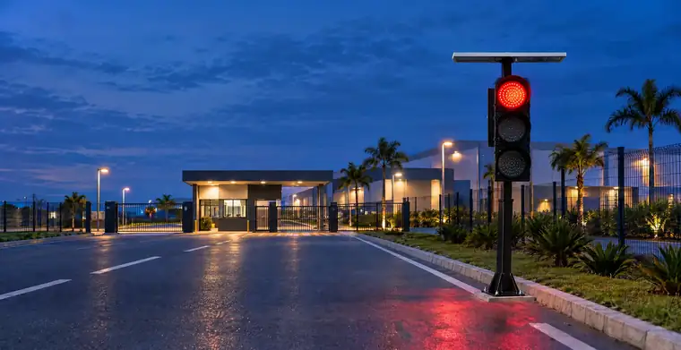 Semáforo solar Revlo no vermelho na entrada de uma empresa ao anoitecer