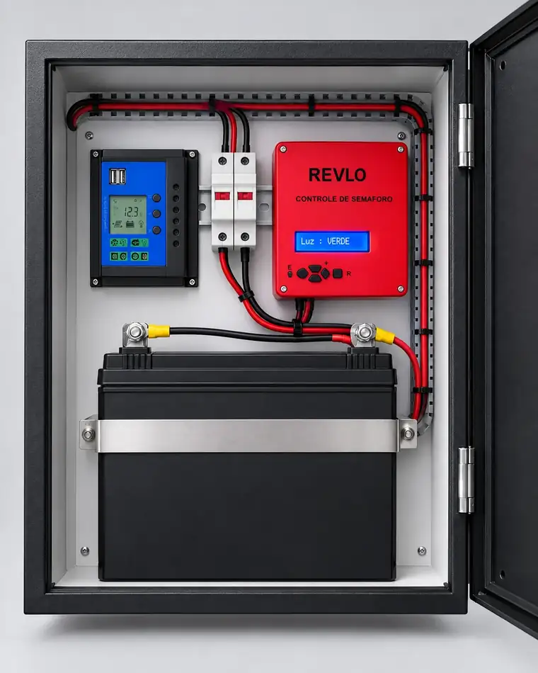Gabinete aberto do semáforo solar com controlador de carga, fusíveis, controle do semáforo e bateria de 12 V
